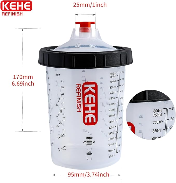 Disposable Paint Cups for Spray Gun,Mixing Cups 26 Ounce (800ml) Kit with 25 Cups and Lids with Strainer System for HVLP&LVLP,1 Hard Cup with Retainer Ring,10 Plugs,3 Caps,1 Wash Bottle