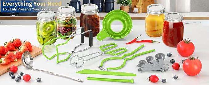 Canning Supplies Starter Kit,Canning Kit for Beginners of 9 with Jar Lifter,Wide Mouth Funnel,Wrench,Tongs,Lid Lifter,Bubble Popper,Canning Labels,ladle,Measuring Spoon-Neon Green