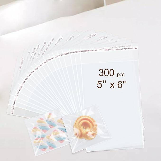 300PCS Clear Self Sealing Cellophane Bags - Cookie, Candy & Bread Bags (5x6 Inches)