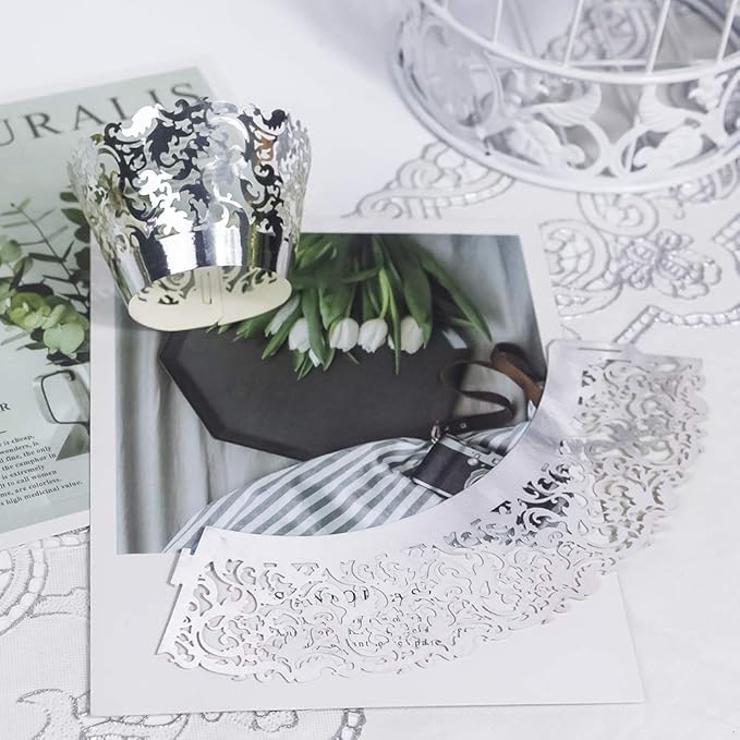 YOZATIA 60 Silver Vine Lace Cupcake Wrapper, Laser Cut Cupcake Liners for Weddings Birthdays Tea Parties and any Special Event- Silver