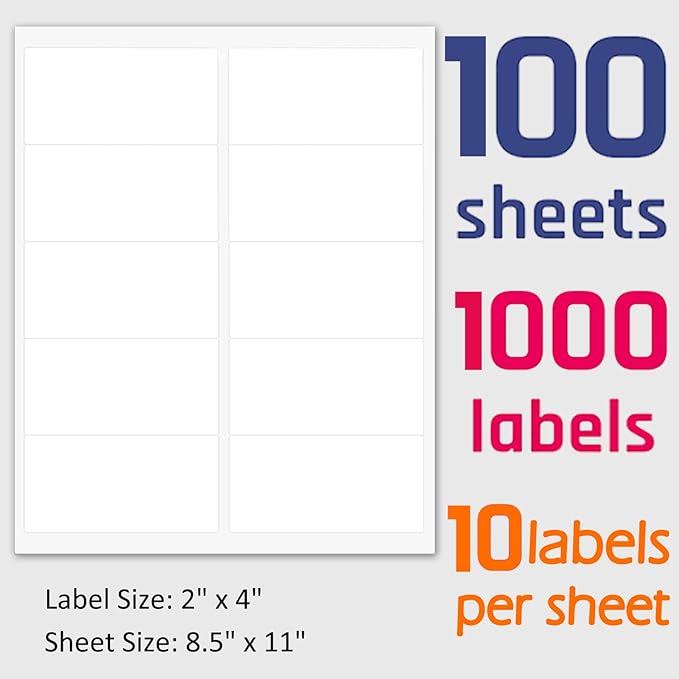 MPRT 2" x 4" Shipping Address Labels 1000 Label Stickers Paper for Laser & Inkjet Printer 10 per Page Printable Mailing Labels - Matte, 100 Sheets (Pack of 2)