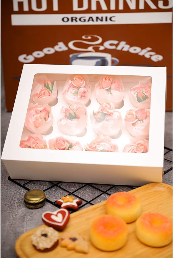 12 Cupcake Containers 12-Packs White Cupcake Box Cupcakes Carrier, 12 Cupcake Boxes with Window 13"x10"x3.5"(Auto-pop up)