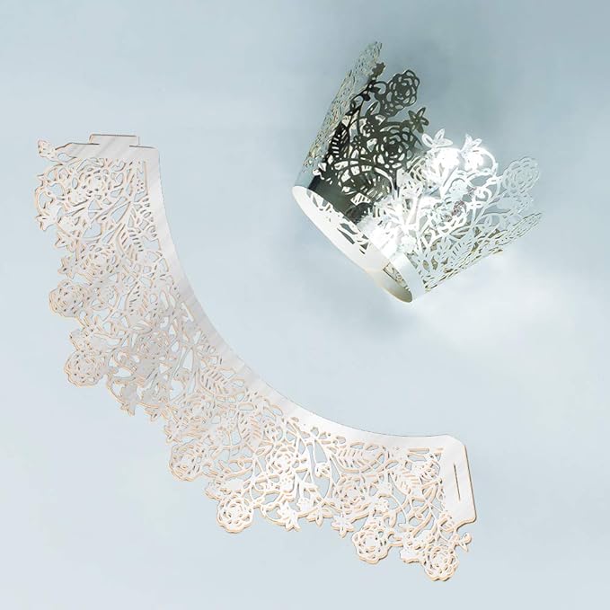 YOZATIA 60pcs Silver Rose Lace Cupcake Wrappers Holders, Laser Cut Cupcake Liners Decorative Liners for Wedding Party Birthday Cake Decoration Supplies