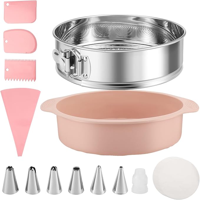 9 Inch Springform Pan sets, Nonstick Leakproof 304 Stainless Steel Springform Cake Pan with Removable Bottom, Silicone Pan Protector & 50PCS Parchment Paper, Piping Bags and Tips, Cake Leveler