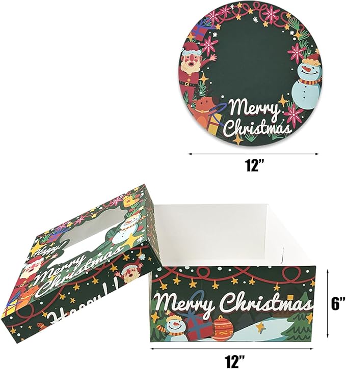 qiqee Christmas 12x12x6 Cake Box, 18 Sets Christmas Cake Box with Window & 18 Sets 12" Christmas Snow Man Cake Round Boards, 12inch Cake Containers