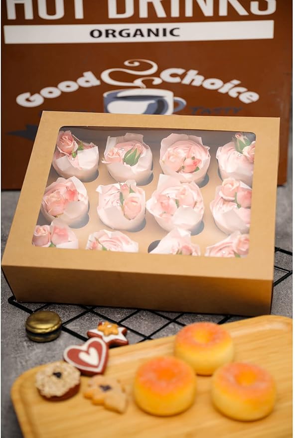 12 Cupcake Containers 20-Packs Brown 12 Count Cupcake Boxes with Window Cupcakes Carrier, 13"x10"x3.5"(Auto-pop up)