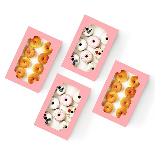 qiqee Auto-pop up Pink Cookie Box with Window 12x8x2.5 inch 18 Packs Two Uses One Second Folding Pastry Biscuit Bakery Box for Packaging