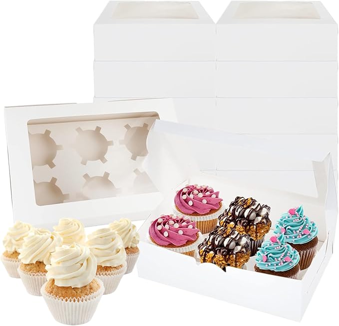 RHBLME 50 Pack Cupcake Boxes 6 Count, 9.3x6.2x2.9 Inch Cupcake Box Half Dozen Cupcake Boxes White Cupcake Containers with Clear Window, 6 Cupcake Box for Cupcakes Muffins Cookies Pastries