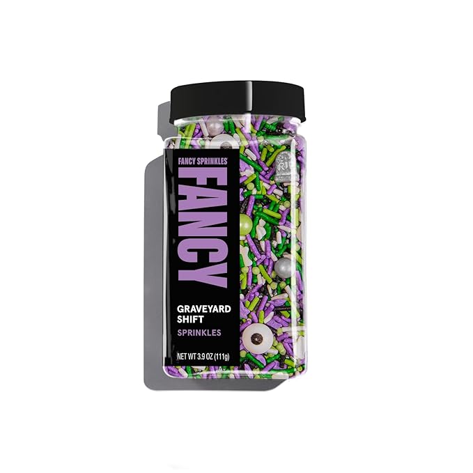 Fancy Sprinkles Graveyard Shift Purple and Green Crunchy Sprinkles, Plus Candy Eyeballs, Ghostly Confetti, and Eerie Tombstone Shapes (0.5c)