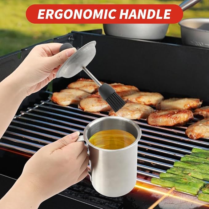 BBQ Sauce Pot and Basting Brush Set, BBQ Sauce Container Cooking Gifts, Meat Baster Set, Barbecue Gadgets Grill Accessories, Silicone Basting Brush for Cooking(COLOR:Silver)
