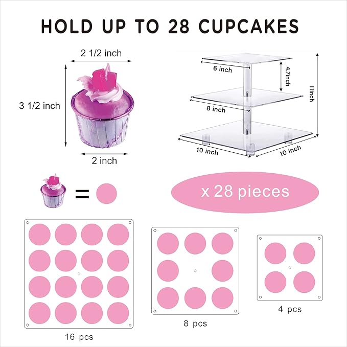 Cupcake Stand, 3-Tier Cupcake Holder with LED light String, Acrylic Cupcake Tower Display-Dessert Tower-Pastry Stand-Cupcake Tier Stand for Wedding, Birthday party ( Pink Light)