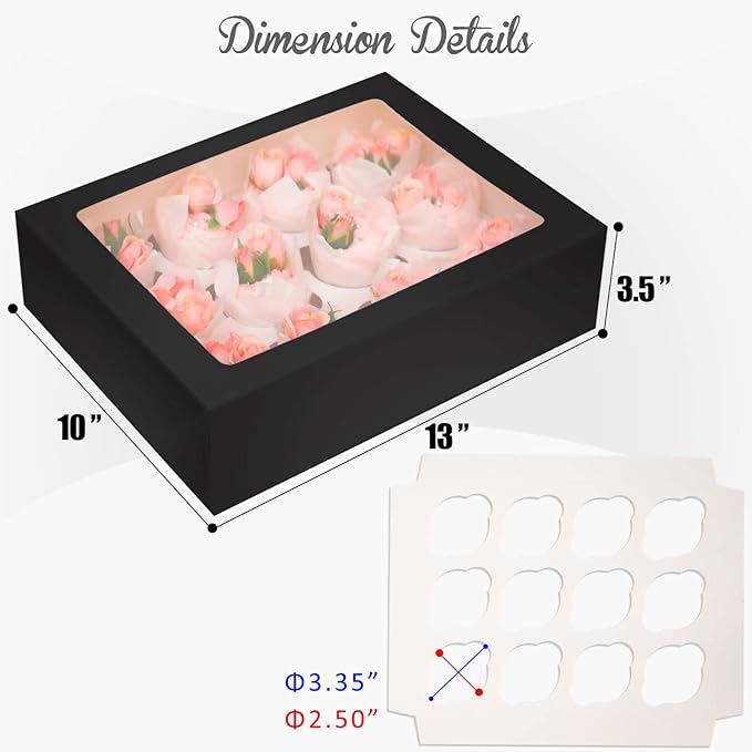 12 Cupcake Containers 10-Packs Black Cupcake Box Cupcakes Carrier, 12 Cupcake Boxes with Window 13"x10"x3.5"(Auto-pop up)