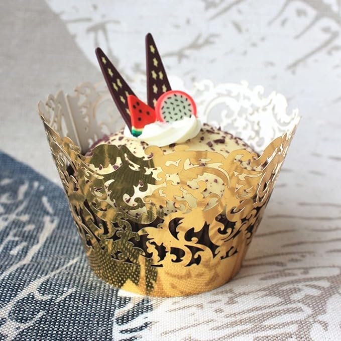 YOZATIA 60 Gold Vine Lace Cupcake Wrapper, Laser Cut Golden Cupcake Liners for Weddings Birthdays Tea Parties and any Special Event- Gold
