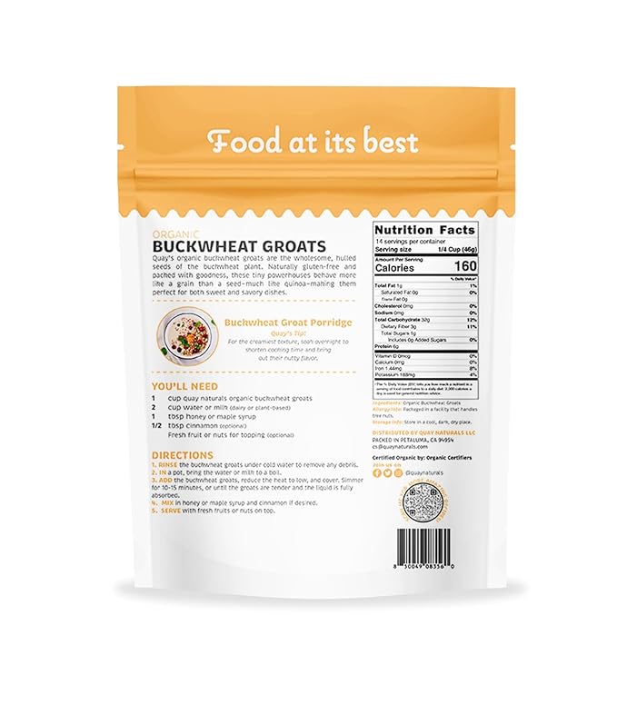 Quay Naturals Organic Buckwheat Groats 1.5 lb | Gluten-Free Ancient Grain | Non-GMO, Whole Grain, Vegan | Ideal for Hot Cereal, Porridge, Salads & Baking