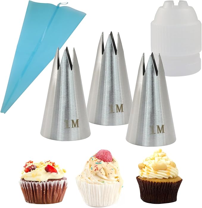 3 Pcs 1M Piping Tips, Stainless Steel Decorating Seamless Nozzles Icing Tips with Coupler Adapter & 12In Silicone Pastry Bag, Baking Tools for Birthday Cakes/Cupcakes/Cookie
