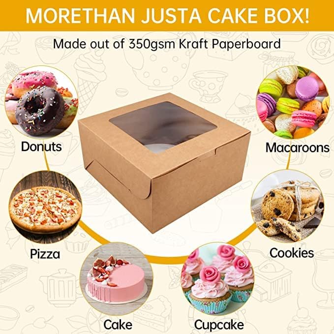 Wei Long 8 Inch Cake Boxes with window 24pcs Cake Boxe with cake boards 8x8x5 Inches Bakery Boxes Cajas Pasteles for Cake,Pastries,Cookies,Pie,Birthday Party,Wedding (Brown)