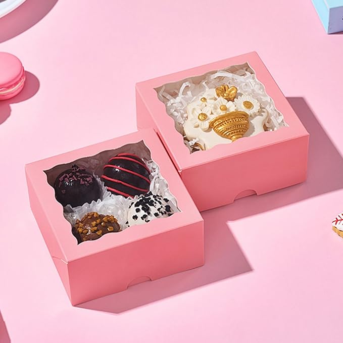 100 Pack 4x4x2 Inches Pink Bakery Boxes with Clear Window Perfect for Packaging Macaron Ores Chocolate Truffle Strawberry Cookie Donut Pie Treat Boxes for Wedding Valentine's Birthday