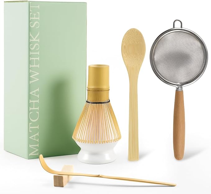 COANTO Matcha Whisk Set - Includes Sifter Bamboo Whisk (Chasen), Tea Spoon, Spoon Holder, Scoop and Whisk Holder, 6pcs (No Bowl Included)