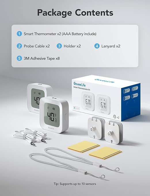 GoveeLife Freezer Thermometer Alarm 2 Pack, Smart Bluetooth Temperature Monitor Sensor for Refrigerator Hot Hub, 197 Ft Connecting Range APP Alert with Anti-False Freezer (WiFi Gateway Not Included)