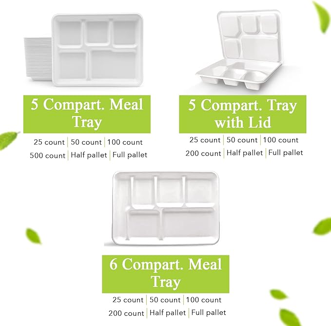 three leaf 5 COMPARTMENT MEAL TRAY WITH LID SET, 125 SETS. Heavy-Duty- Super Strong- Natural- Eco-Friendly Disposable Bagasse Tray with Plates, 100% Biodegradable Plates