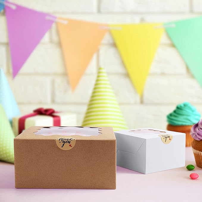 Eupako 6x6x3-Small-Cakes-Boxes - Bakery-Boxes-with-Window-White-Cookie-Boxes-Kraft-Treat-Boxes-Charcuterie-Box for Pastry, Cupcakes, Pie, Donuts
