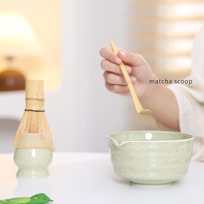 Matcha Set Match Bowl with Spout and Matcha Whisk Holder Whisk Tea Set Includes and Bamboo Scoop Ceramic 17 OZ - 4pc Perfect Matcha Kit for Matcha Tea Ceremony (Mottled Green)