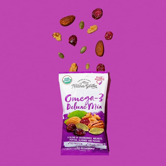 Nature's Garden Omega 3 Deluxe Mix - Trail Mix, Heart Healthy, Gluten Free, Cholesterol Free, Sodium Free, No Artificial Ingredients - 1.2 oz Bags (7 Individual Servings)
