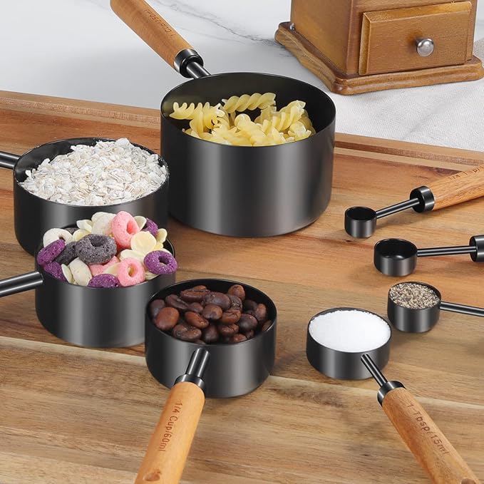GuDoQi 8pcs Measuring Cups and Spoons Set Wood Handle Golden Stainless Steel Measuring Cups and Spoons,Measurements, US Measurements Dry & Liquid Kitchen Measure Set for Cooking and Baking, Black