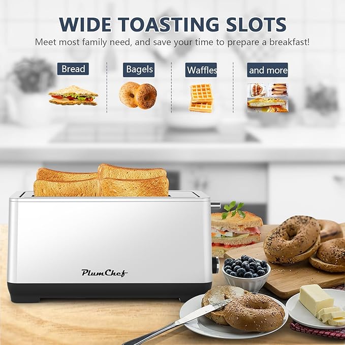 4-Slice Toaster, Extra Wide Long Slot Toaster, 6 Browning Settings, Bagel/Defrost/Reheat Functions, Removable Crumb Tray, Stainless Steel Housing (Silver)