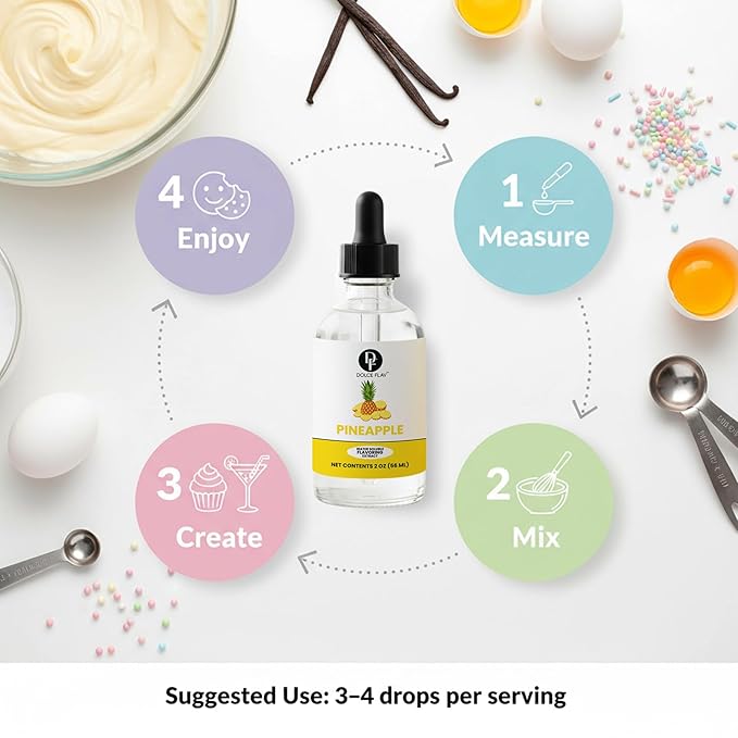 Dolce Flav Natural Pineapple Extract – 2 oz Water-Soluble Pure Pineapple Flavoring Drops for Baking, Drinks & Desserts | Highly Concentrated | Sugar Free | Allergen Free | Made in USA