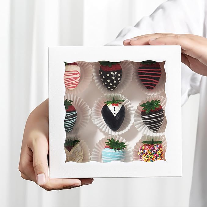 RomanticBaking 24 Pack Bakery Boxes (not include food) 7" x 7" x 2 1/2" White Chocolate Covered Strawberries Boxes Cookies Boxes