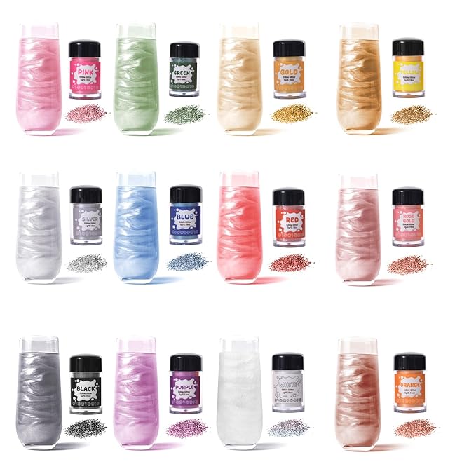 12 Colors Edible Glitter Set for Cocktails - Luster Dust Edible, Food Grade Shimmer Sprinkle Powder for Cakes, Drinks, Wines, Beer, Candy, Cookie, Chocolate, Fondant, Vegan Decoration (5g/Bottle)