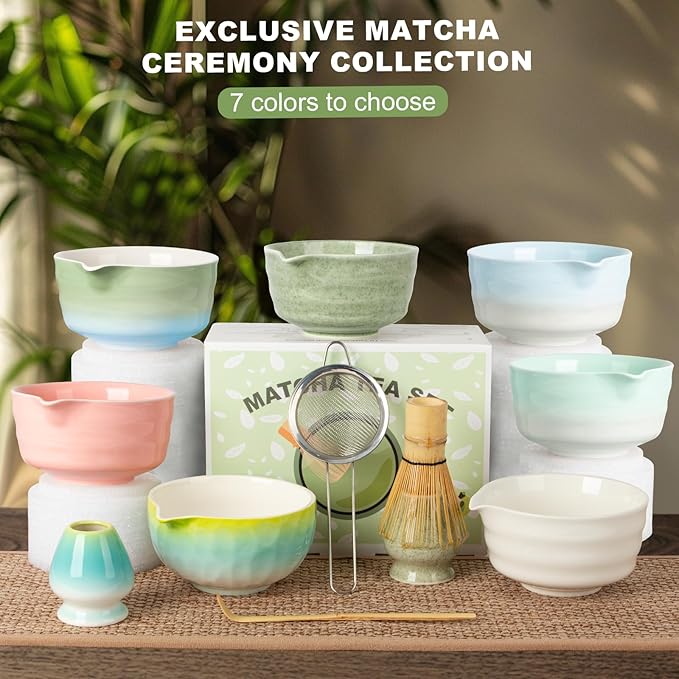 Matcha Whisk Set,Ceramic Matcha Kit Set Includes Bowl with Spout, Whisk,Holder,Bamboo Scoop and Sifter,5 pcs Matcha Tea Kit for Matcha Lovers, Ideal Gift Christmas, Birthday (Blue gradient)