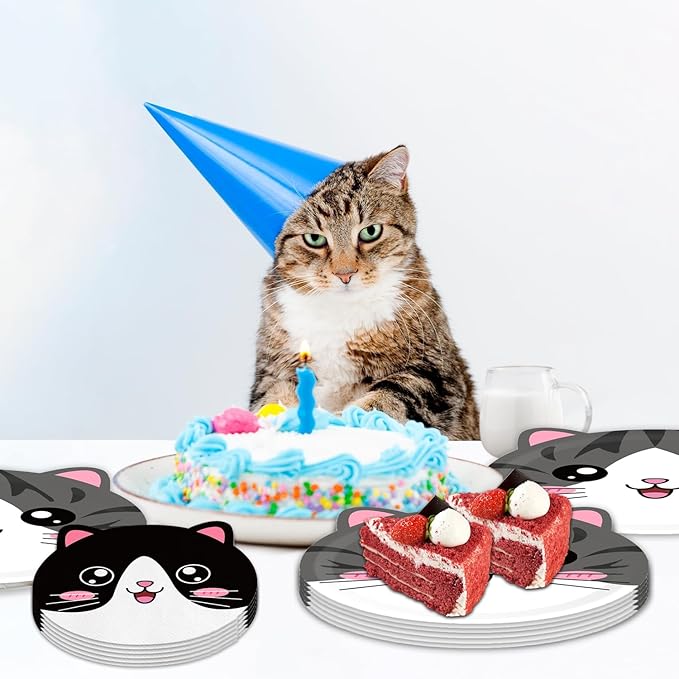 Egami 40pcs Cat birthday Party Decoration,include 20 dessert plate, 20 Napkin,Used for kitten birthday Party Supplies