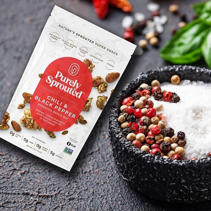 Purely Sprouted Chili & Black Pepper Snack Mix: Vegan, Gluten-Free, and Non-GMO Blend for a Healthy Crunch! (4 oz, 6 pack)