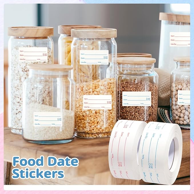 8 Rolls 4000 Pieces Removable Food Labels, 1 x 2 Inch Date Stickers for Freezer, Refrigerator Food Containers - Easy to Write On