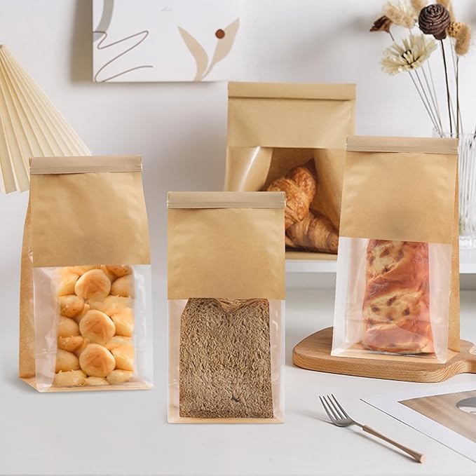50Pcs Bakery Bags with Window, 5.1 x 3.9 x 11 Inches Kraft Paper Cookie Bags, Resealable Tin Tie Tab Lock Bags for Packaging, Bread Storage Bags, Coffee Bean Bags, Candy Bags