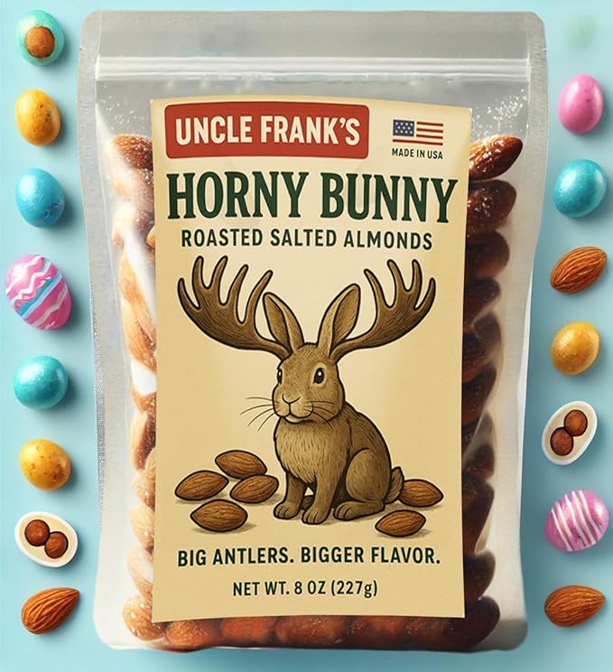 Uncle Frank’s Horny Bunny - 8oz of Moose Themed Roasted Salted Almonds with a Wild Side - Big Antlers - Bigger Flavor - Easter Basket Filler for Adults