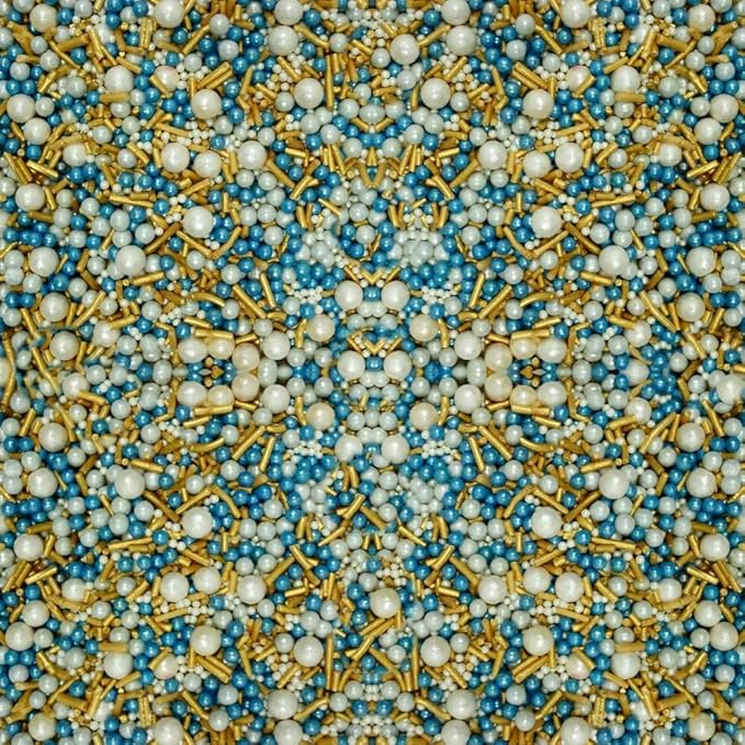 Confect Blue & Gold Pearl Cake Sprinkles Mix with White Pearls – Decorative Edible Topping for Cakes, Cupcakes & Desserts | Vegan, Gluten-Free, Nut-Free, Soy-Free, Dairy-Free, Palm Oil-Free- 4.2 Oz