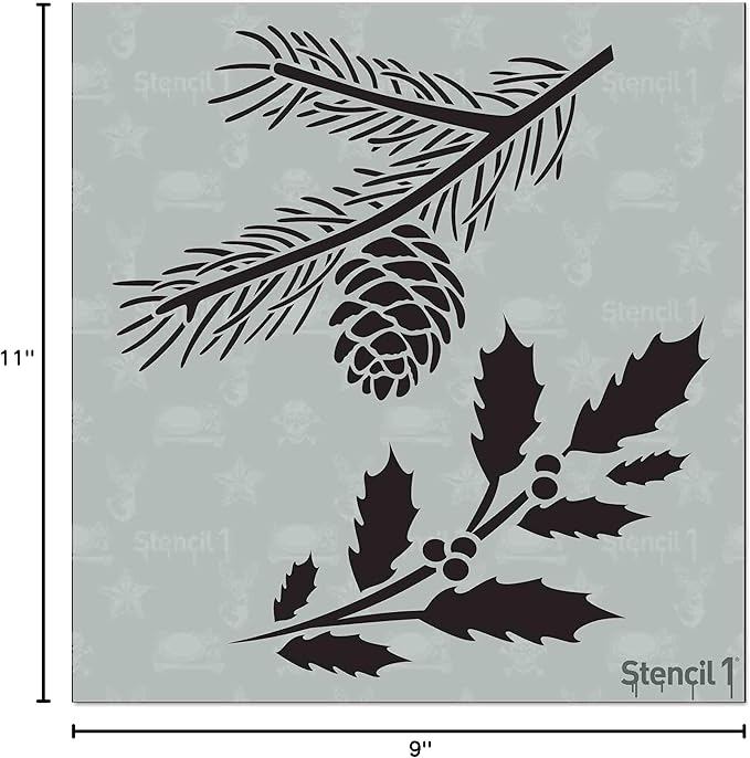 Stencil1 Holly and Evergreen Branches Stencil – Reusable Winter Template for DIY Crafts, Holiday Decor, Painting on Wood, Fabric, Cards & More - 5.75" x 6"