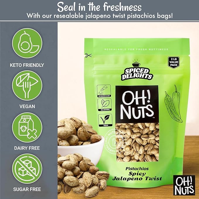 Oh! Nuts Spiced Pistachios – Jalapeño, 2 LB – Bold Savory Snack, Roasted Pistachio Variety – Packed in Resealable Bag to Maintain Freshness