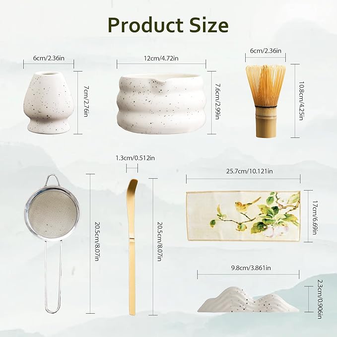 cjc 7-Pcs Matcha Whisk Set, Matcha Set for Beginner-18oz Ceramic Matcha Bowl with Spout, Bamboo Whisk and Holder, Scoop, Sifter ect.– Ceremony Matchas Powder Kit Complete Gift for Matcha Lover (White)