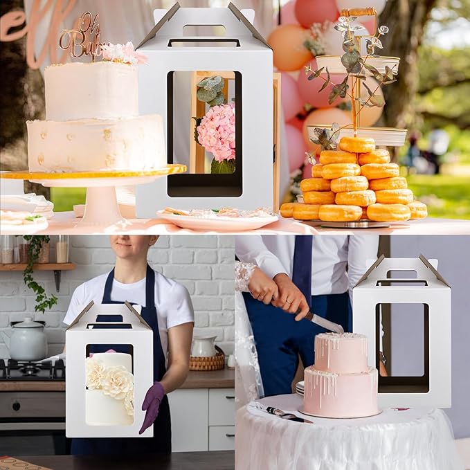 KBG Tall Cake Boxes 12 Pcs 12x12x14 and 14x14x16 Inches With Window and Handle,Disposable Large Tiered Cake Carrier Cake Containers 12Inch 14 Inch