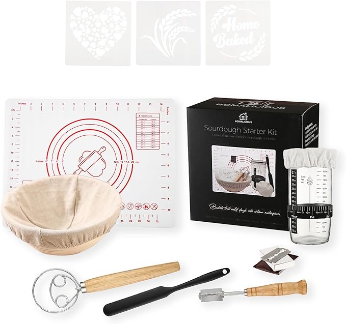 Sourdough Starter Kit | 34Oz Sourdough Bread Baking Supplies - Banneton Bread Proofing Basket, Sourdough kit Included 1x Bread Proofing Basket, Thermometer - Easy to Clean Banneton Basket