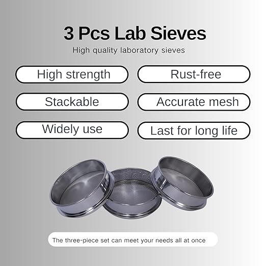 3 Pcs Lab Sieves,6 Inch Diameter Test Sifter 10Mesh(2.19mm)、80Mesh(0.217mm)and 200 Mesh(0.077mm)