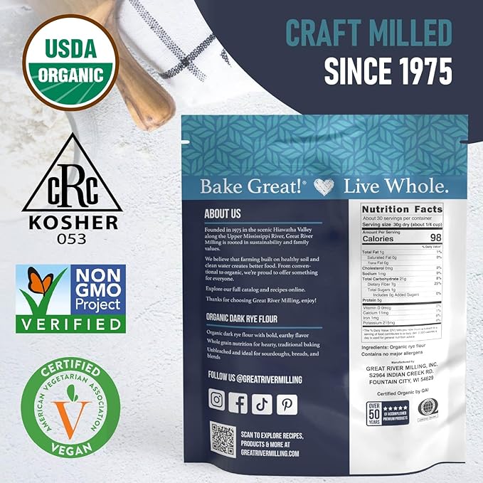 Great River Milling Organic Dark Rye Flour | Whole Grain, Non-GMO, Kosher, Unbromated | Earthy Flavor for Rye Bread, Sourdough Starter, Bagels, Crackers & Artisan Baking | 2 Lb