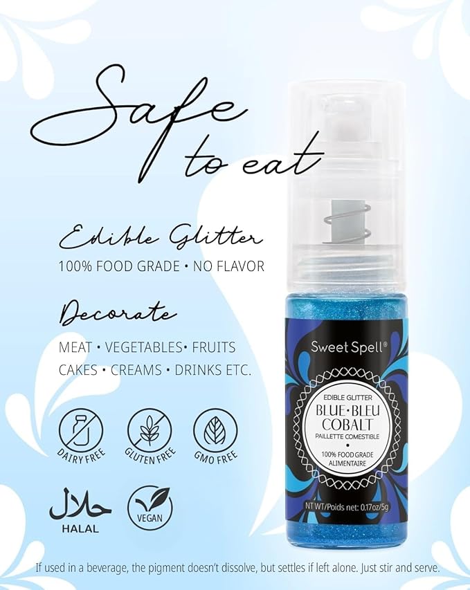 Sweet Spell Edible Cake Glitter Spray – Shimmering Magic for Cakes Decorating & Cocktails – 100% Edible, Food-Grade, Vegan, Gluten-Free (Blue)