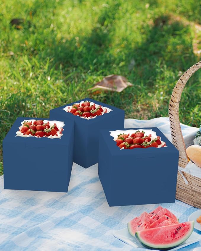 Bakepacker Ink Blue 8x8x5 Inches Cake Boxes with Window, 18-Pack (18 Cake Boxes + 18 Cake Boards Included)