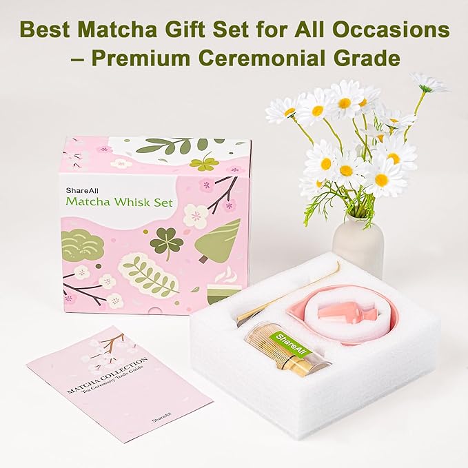 Matcha Set, 5 Pcs Matcha Whisk Set Includes Ceramic Matcha Bowl with Spout, Bamboo Matcha Whisk Chasen, Holder,Scoop,Sifter, Matcha Kit for Making Breakfast & Latte, Gift for beginners(Pink)