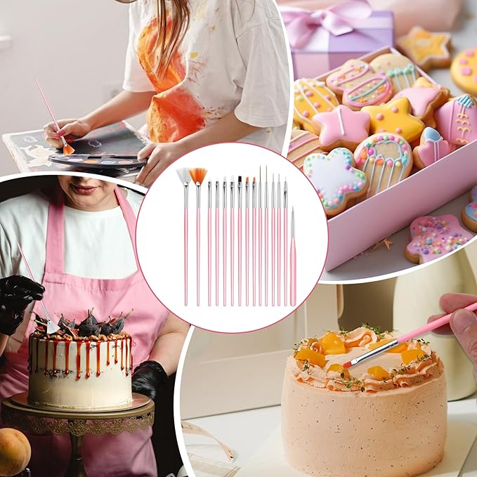 15 PCS Cake Painting Brushes Pink Cookie Decorative Paint Brushes Food Safe Paint Brush Multifunction Sugar Cookie Decorating Brush Kit for DIY Fondant Candy Cakes Baking Painting Decorations Supplies